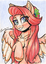 Size: 1463x2055 | Tagged: safe, artist:dandy, imported from derpibooru, oc, oc only, pegasus, pony, colored pencil drawing, female, flower, flower in hair, jewelry, looking at you, necklace, request, smiling, solo, traditional art, unshorn fetlocks, wings