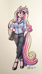 Size: 968x1707 | Tagged: safe, artist:dandy, imported from derpibooru, princess cadance, anthro, unguligrade anthro, breasts, business suit, clothes, colored pencil drawing, female, hand in pocket, pants, purse, request, shirt, shoes, solo, traditional art