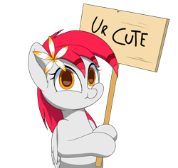 Size: 1280x1213 | Tagged: safe, artist:joaothejohn, imported from derpibooru, oc, oc only, oc:tiny jasmini, pegasus, pony, :3, bipedal, cute, diabetes, eyelashes, female, flower, flower in hair, holding sign, hooves together, looking at you, mare, micro, nya, ocbetes, pegasus oc, sign, simple background, smiling, smiling at you, smol, solo, tiny, tiny ponies, tinyjabetes, transparent background