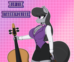 Size: 3600x3000 | Tagged: safe, artist:tertonda, derpibooru exclusive, imported from derpibooru, octavia melody, anthro, earth pony, breasts, busty octavia melody, cello, cleavage, clothes, female, high res, mlp fim's eleventh anniversary, musical instrument, skirt, solo, vest