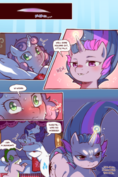 Size: 960x1440 | Tagged: safe, artist:cold-blooded-twilight, imported from derpibooru, rarity, spike, sweetie belle, twilight sparkle, pony, unicorn, cold blooded twilight, comic:cold storm, bags under eyes, bed, blushing, closed mouth, comic, dialogue, eyepatch, eyeshadow, female, filly, foal, frown, glowing, glowing horn, horn, hug, magic, makeup, open mouth, pillow, siblings, sisters, smiling, sparkles, speech bubble, tail, unicorn twilight, wide eyes