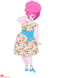 Size: 1275x1650 | Tagged: safe, artist:m-a-v-e-r-i-c-k, imported from derpibooru, pinkie pie, equestria girls, 50s, alternate hairstyle, arm behind head, chubby, clothes, dress, female, high heels, housewife, lipstick, one eye closed, patreon, patreon logo, shoes, simple background, smiling, solo, white background, wink