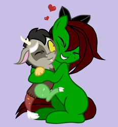 Size: 1448x1560 | Tagged: safe, artist:lucky-em, imported from derpibooru, discord, oc, draconequus, earth pony, pony, baby, base used, bow, cheek squish, earth pony oc, eyes closed, female, hair bow, heart, hug, male, mare, one eye closed, purple background, simple background, smiling, squishy cheeks, wink, young discord