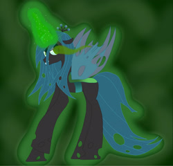 Size: 2501x2398 | Tagged: safe, artist:lucky-em, imported from derpibooru, queen chrysalis, changeling, changeling queen, abstract background, crown, female, glowing, glowing horn, high res, horn, jewelry, regalia, solo, sombra eyes