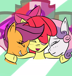 Size: 1550x1650 | Tagged: safe, artist:lucky-em, imported from derpibooru, apple bloom, scootaloo, sweetie belle, earth pony, pegasus, pony, unicorn, 2015, abstract background, bow, bust, cutie mark, cutie mark crusaders, eyes closed, female, filly, grin, hair bow, side hug, smiling, the cmc's cutie marks
