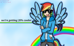 Size: 1280x800 | Tagged: safe, artist:nichandesu, imported from derpibooru, rainbow dash, human, 20% cooler, 2015, clothes, cutie mark, cutie mark on clothes, female, grin, hoodie, humanized, rainbow, smiling, solo, winged humanization, wings