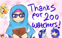 Size: 1280x800 | Tagged: safe, artist:nichandesu, imported from derpibooru, oc, human, pony, unicorn, 2015, book, bust, chica, clothes, crossover, female, five nights at freddy's, foxy, glasses, hijab, horn, humanized, mare, milestone, raised hoof, smiling, unicorn oc