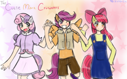 Size: 1280x800 | Tagged: safe, artist:nichandesu, imported from derpibooru, apple bloom, scootaloo, sweetie belle, human, 2015, :d, abstract background, clothes, cutie mark crusaders, eared humanization, female, grin, horn, horned humanization, humanized, one eye closed, open mouth, open smile, overalls, shorts, skirt, smiling, vest, winged humanization, wings, wink