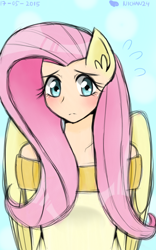 Size: 800x1280 | Tagged: safe, artist:nichandesu, imported from derpibooru, fluttershy, human, 2015, blushing, bust, clothes, eared humanization, eyelashes, female, frown, humanized, sweater, winged humanization, wings