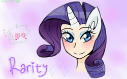 Size: 1280x800 | Tagged: safe, artist:nichandesu, imported from derpibooru, rarity, spike, human, 2015, abstract background, blushing, bust, duo, eared humanization, eyelashes, female, heart eyes, horn, horned humanization, humanized, makeup, male, smiling, wingding eyes