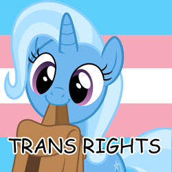 Size: 1024x1024 | Tagged: artist needed, safe, edit, imported from derpibooru, trixie, pony, unicorn, bag, cute, diatrixes, female, mouth hold, mouthpiece, pride, pride flag, saddle bag, solo, trans female, trans trixie, transgender, transgender pride flag