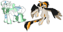 Size: 2487x1278 | Tagged: safe, alternate version, artist:sketchytwi, imported from derpibooru, oc, oc only, pegasus, pony, unicorn, bow, colored, colored wings, flying, glowing, glowing horn, hoof fluff, horn, leonine tail, pegasus oc, simple background, tail, tail bow, transparent background, two toned wings, unicorn oc, wings