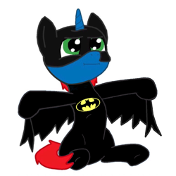 Size: 900x900 | Tagged: safe, artist:ry-bluepony1, imported from derpibooru, oc, oc:train track, pony, unicorn, base used, batman, cape, clothes, colt, cowl, detective, emblem, foal, horn, male, mane, show accurate, superhero, tail, unicorn oc