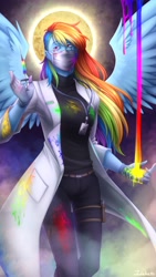 Size: 2160x3840 | Tagged: safe, artist:jadekettu, imported from derpibooru, part of a set, rainbow dash, human, fanfic:rainbow factory, clothes, face mask, fanfic art, female, high res, humanized, lab coat, mask, pants, pony coloring, rainbow factory dash, solo, winged humanization, wings
