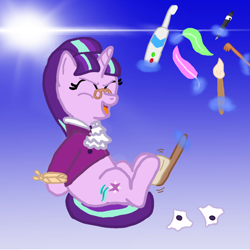 Size: 1080x1080 | Tagged: safe, artist:princessdestiny200i, imported from derpibooru, snowfall frost, starlight glimmer, pony, unicorn, a hearth's warming tail, arm behind back, back scratcher, bondage, clothes, electric toothbrush, eyes closed, feather, female, fetish, glasses, hoof fetish, hoof tickling, mare, open mouth, paintbrush, pen, rope, rope bondage, shirt, solo, spats, suit, tickle torture, tickling