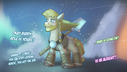 Size: 3841x2160 | Tagged: safe, artist:cocaine, imported from derpibooru, rockhoof, oc, oc:chase, earth pony, pony, acting, commission, movie, shovel