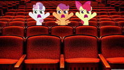 Size: 1192x670 | Tagged: safe, edit, editor:undeadponysoldier, imported from ponybooru, apple bloom, scootaloo, sweetie belle, earth pony, pegasus, pony, unicorn, adorabloom, angry, auditorium, bow, chair, cinema, cute, cute when angry, cutealoo, cutie mark crusaders, d:<, diasweetes, disappointed, edited photo, female, filly, hair bow, hooves up, irl, oh come on, photo, ponies in real life, spread wings, trio, uvula, wings