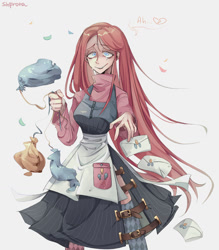 Size: 1280x1463 | Tagged: safe, artist:shpr0ta, imported from derpibooru, pinkie pie, human, apron, balloon, clothes, crying, defeated, dress, female, humanized, letter, long hair, pinkamena diane pie, simple background, smiling, solo, white background