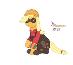 Size: 2000x1800 | Tagged: safe, anonymous artist, artist:bloonacorn, imported from derpibooru, ponerpics exclusive, applejack, earth pony, pony, /mlp/, /mlp/ tf2 general, clothes, crossover, cutie mark, cutie mark on clothes, engiejack, engineer, featured image, female, gloves, goggles, hard hat, hat, knee pads, mare, palindrome get, simple background, sitting, solo, team fortress 2, transparent background