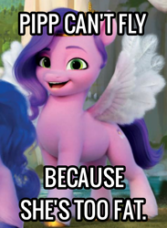 Size: 720x981 | Tagged: safe, edit, imported from derpibooru, pipp petals, pegasus, pony, bait, g5, g5 pegasi can't fly, headcanon, low quality bait, op is a duck, op is trying to start shit, solo, text