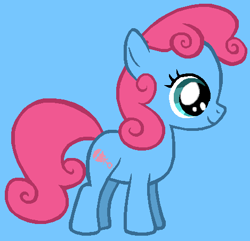 Size: 469x453 | Tagged: safe, artist:therainbowkingdom69, baby cuddles, earth pony, pony, baby, baby pony, blue background, cuddlebetes, cute, female, filly, g1, g1 to g4, g4, generation leap, simple background, smiling