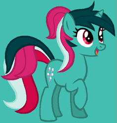 Size: 519x547 | Tagged: safe, artist:therainbowkingdom69, fizzy, pony, twinkle eyed pony, unicorn, cute, female, fizzybetes, g1, g1 to g4, g4, generation leap, mare, open mouth, open smile, raised hoof, raised leg, simple background, smiling, teal background