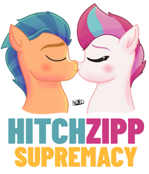 Size: 1239x1447 | Tagged: safe, artist:alonso-bazan, imported from derpibooru, hitch trailblazer, zipp storm, earth pony, pegasus, pony, blushing, female, g5, hitchzipp, kissing, male, shipping, simple background, straight, text