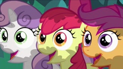 Size: 2208x1242 | Tagged: safe, imported from ponybooru, screencap, apple bloom, scootaloo, sweetie belle, earth pony, pegasus, pony, unicorn, hearts and hooves day (episode), adorabloom, bow, bush, cute, cutealoo, cutie mark crusaders, diasweetes, female, filly, hair bow, happy, hiding, looking at you, open mouth, trio