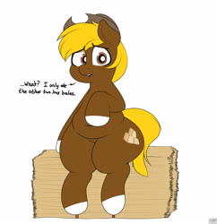 Size: 2982x3080 | Tagged: safe, artist:blitzyflair, imported from ponybooru, oc, oc only, oc:acres, earth pony, pony, blonde, blonde mane, blonde tail, brown coat, chubby, coat markings, cowboy hat, dialogue, earth pony oc, fat, hat, hay bale, male, open mouth, raised hoof, raised leg, sitting, solo, stallion, talking to viewer, thick, wide hips