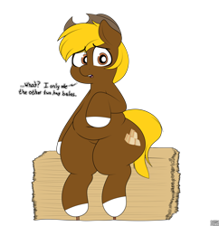 Size: 2982x3080 | Tagged: safe, artist:blitzyflair, imported from ponybooru, oc, oc only, oc:acres, earth pony, pony, blonde, blonde mane, blonde tail, brown coat, chubby, coat markings, cowboy hat, dialogue, earth pony oc, fat, hat, hay bale, male, open mouth, raised hoof, raised leg, simple background, sitting, solo, stallion, talking to viewer, thick, transparent background, wide hips