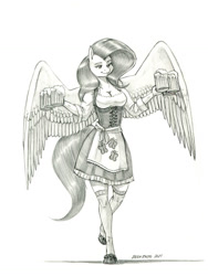 Size: 1000x1330 | Tagged: safe, artist:baron engel, imported from derpibooru, fluttershy, anthro, pegasus, unguligrade anthro, alcohol, beer, beer mug, breasts, busty fluttershy, cleavage, clothes, dirndl, dress, female, mare, monochrome, oktoberfest, pencil drawing, smiling, solo, spread wings, stockings, thigh highs, traditional art, waitress, wings
