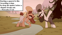 Size: 1280x720 | Tagged: safe, edit, edited screencap, imported from derpibooru, screencap, grub hooffield, piles mccolt, the hooffields and mccolts, argument, bible, book of proverbs, hat, hooffield family, inset, mccolt family, river, text, tree