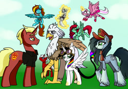 Size: 925x646 | Tagged: safe, artist:colorfullcomics, imported from derpibooru, oc, oc:alias, oc:blank check, oc:dr. wolf, oc:firebrand, oc:ilovekimpossiblealot, oc:lightning bliss, oc:mad munchkin, oc:mary sue, oc:silver quill, alicorn, hippogriff, pegasus, pony, unicorn, clothes, goggles, hat, magic, magic aura, unshorn fetlocks, vest