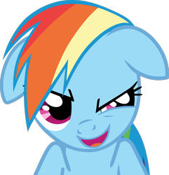 Size: 2000x2073 | Tagged: safe, artist:frownfactory, imported from derpibooru, rainbow dash, pegasus, pony, season 2, the mysterious mare do well, bust, female, floppy ears, high res, mare, open mouth, open smile, simple background, sinister, sinister smile, smiling, solo, transparent background, vector