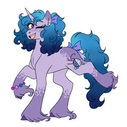 Size: 3000x3000 | Tagged: safe, artist:gingygin, imported from derpibooru, izzy moonbow, pony, unicorn, alternate cutie mark, alternate design, bow, bracelet, coat markings, colored ears, colored eyebrows, female, freckles, g5, hair bow, headcanon, high res, hoof fluff, horn, jewelry, looking at you, mare, my little pony: a new generation, no catchlights, one eye closed, open mouth, open smile, raised hoof, raised leg, simple background, smiling, socks (coat markings), solo, tail, tail bow, unshorn fetlocks, white background, wink