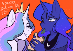 Size: 2893x2039 | Tagged: safe, artist:meliciamelano, imported from derpibooru, princess celestia, princess luna, alicorn, anthro, angry, crown, duo, eating, food, herbivore, high res, jewelry, lunch, orange background, regalia, royal sisters, salad, sandwich, siblings, simple background, sisters, text, trollestia