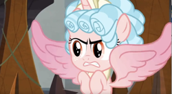 Size: 2500x1363 | Tagged: safe, imported from derpibooru, screencap, cozy glow, alicorn, pony, season 9, the ending of the end, alicornified, cozycorn, female, filly, flying, frown, gritted teeth, race swap, solo, spread wings, wings