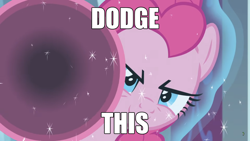 Size: 2190x1232 | Tagged: safe, edit, edited screencap, imported from derpibooru, screencap, pinkie pie, earth pony, pony, the ending of the end, aura, caption, dodge this, female, image macro, magic, magic aura, mare, meme, party bazooka, reference, rocket launcher, smiling, smirk, solo, text, the matrix