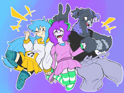 Size: 4000x3004 | Tagged: safe, artist:doodlegamertj, imported from derpibooru, oc, oc only, oc:doodlegamertj, oc:mable syrup, oc:musicallie, anthro, avian, bird, human, equestria girls, blue hair, bow, clothes, colored background, deaf, dress, family, fist bump, happy, hoodie, humanized, music notes, pants, purple hair, skirt, socks, striped socks, sweatpants, tanktop