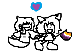 Size: 339x239 | Tagged: safe, artist:bigsneks, imported from derpibooru, oc, oc only, oc:mable syrup, oc:mona, anthro, ghost, undead, doodle, female, happy, heart, holding hands, lesbian, lesbian pride flag, love, pride, pride flag, tongue out