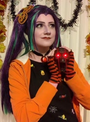 Size: 801x1080 | Tagged: safe, artist:sarahndipity cosplay, imported from derpibooru, aria blaze, human, equestria girls, clothes, cosplay, costume, disguise, disguised siren, fingerless gloves, gem, gloves, halloween, holiday, irl, irl human, photo, siren gem