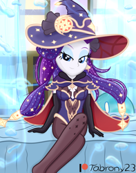 Size: 1075x1366 | Tagged: safe, artist:tabrony23, imported from derpibooru, rarity, equestria girls, bed, bedroom eyes, cape, clothes, cosplay, costume, eyeshadow, female, genshin impact, gloves, hat, high heels, leotard, looking at you, magic, makeup, mona (genshin impact), pantyhose, patreon, patreon logo, shoes, show accurate, sitting, sitting on bed, slimes (genshin impact), smiling, smiling at you, solo, sparkly mane, water, witch hat