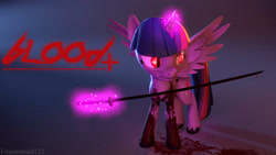 Size: 3840x2160 | Tagged: safe, artist:fireemerald123, imported from derpibooru, twilight sparkle, alicorn, pony, 3d, blood, blood+, glowing, glowing eyes, high res, katana, simple background, solo, source filmmaker, sword, twilight sparkle (alicorn), watermark, weapon