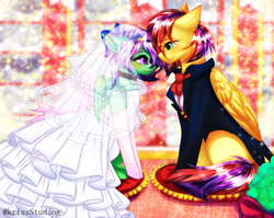 Size: 4000x3179 | Tagged: safe, artist:krissstudios, imported from derpibooru, oc, oc only, pegasus, pony, clothes, dress, female, male, mare, stallion, suit, wedding dress