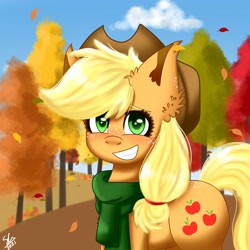 Size: 2438x2438 | Tagged: safe, artist:galaxy swirl, imported from derpibooru, applejack, earth pony, pony, autumn, clothes, hat, high res, leaves, scarf, solo, tree