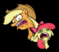 Size: 530x466 | Tagged: safe, artist:cookieboy011, imported from derpibooru, apple bloom, applejack, black background, crying, faic, female, floppy ears, horrified, sad, scared, screaming, siblings, simple background, sisters