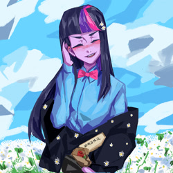 Size: 2362x2362 | Tagged: safe, artist:田园锄串子, imported from derpibooru, twilight sparkle, equestria girls, blushing, bowtie, eyes closed, female, flower, flower field, flower in hair, high res, rose, shir, smiling, solo