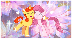 Size: 1280x704 | Tagged: safe, artist:kojarmax, imported from derpibooru, oc, oc only, oc:annisa trihapsari, oc:sunflower, earth pony, unicorn, series:the legend of tenderheart, duo, duo female, eyes closed, female, floppy ears, happy, heart, indonesia, mare, open mouth