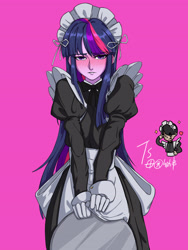 Size: 3543x4724 | Tagged: safe, artist:田园锄串子, imported from derpibooru, twilight sparkle, equestria girls, blushing, clothes, female, maid, maidlight sparkle, pink background, simple background, solo