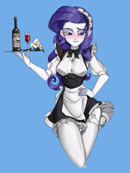 Size: 3543x4724 | Tagged: safe, artist:田园锄串子, imported from derpibooru, rarity, equestria girls, absurd resolution, alcohol, blue background, blushing, bowtie, breasts, clothes, female, flower, french maid, garter belt, garters, glass, hand on hip, lip bite, looking at you, maid, maid headdress, maidity, raised arm, raised eyebrow, reasonably sized breasts, rose, simple background, smiling, smiling at you, socks, solo, stockings, thigh highs, tray, wine, wine glass, zettai ryouiki